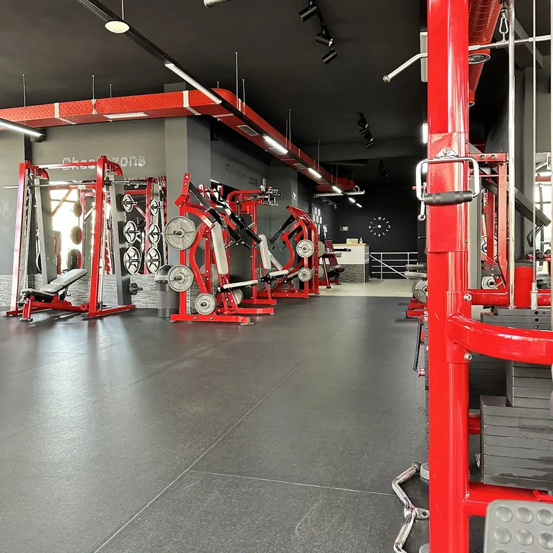 A long, spotless rubber floor between Life Fitness cable towers and plate-loaded stations