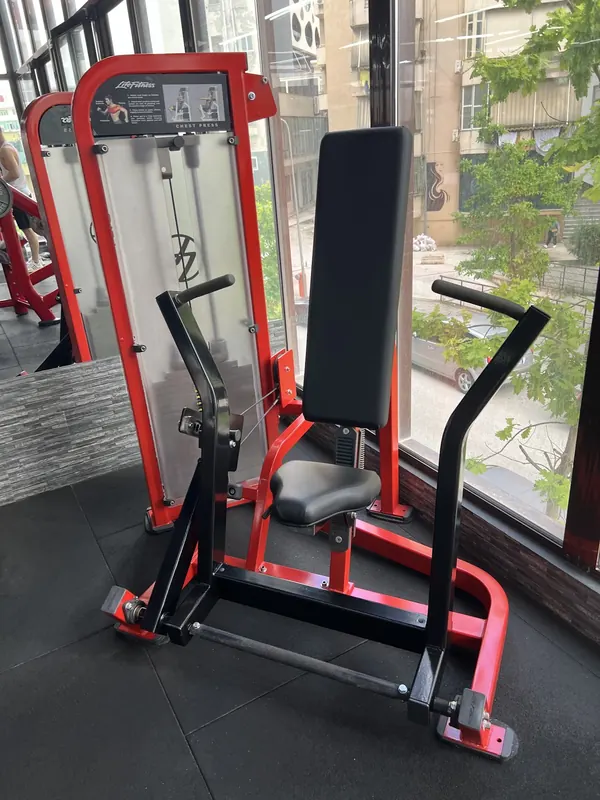 A Life Fitness chest press by the window